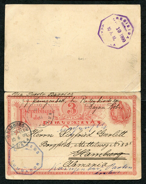 GUATEMALA - 1899 - POSTAL STATIONERY & CANCELLATION: 3c + 3c rose postal stationery reply card (H&G 5) used with fine strike of undated octagonal CORREOS TUMBADOR cds with second strike on the reply half. Addressed to Germany with arrival marks. Reply half is addressed but unused.  (GUA/9411)