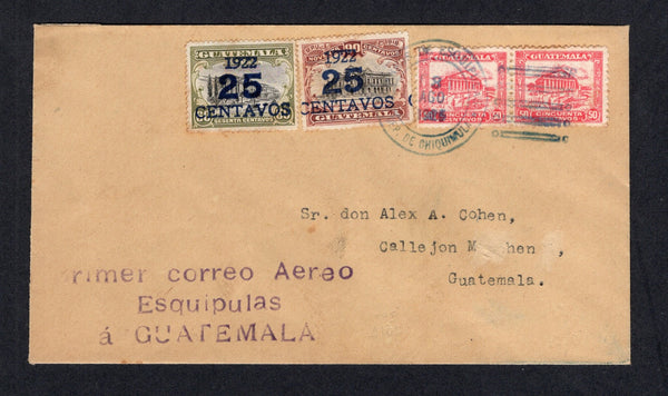 GUATEMALA - 1926 - PIONEER AIRMAILS: First Flight cover franked with 1922 25c on 60c black & olive green and 25c on 90c black & red brown plus pair 1924 50c carmine pink (SG 186C, 188C & 197) tied by ESQUIPULAS cds dated 3 AUG 1926 flown on the ESQUIPULAS - GUATEMALA CITY inaugural flight with three line 'Primer correo aereo Esquipulas a GUATEMALA' cachet in purple. GUATEMALA CITY arrival cds on front. A rare flight only 140 covers carried. (Muller #4a, Goodman #AM5b)  (GUA/9481)