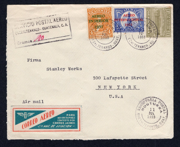 GUATEMALA - 1933 - AIRMAIL: Cover franked with 1931 15c ultramarine AIR issue, 1933 4c orange yellow AIR issue and 1927 1c olive green TAX issue (SG 262, 273 & 223) all tied by RECEPTORIA POSTAL NOCTURNA QUEZALTENANGO cds's with boxed 'SERVICIO POSTAL AEREO QUEZALTENANGO GRAMOS 10' cachet alongside with weight inserted in manuscript. Addressed to USA with fine blue & red 'CNA Correo Aereo para mayor rapidez conteste por correo aereo Cia Nac. de Aviacion' airmail label also on front.  (GUA/9488)
