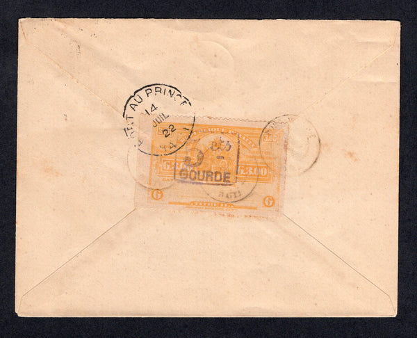 HAITI - 1922 - POSTAL FISCAL & CANCELLATION: Cover franked on reverse with 1919 '5 cts GOURDE' on 3G yellow large 'Droit de Transmission' REVENUE issue with handstamp in purple tied by light PORT-MARGOT cds's with better strike on front. Addressed to PORT AU PRINCE with arrival cds's on front & reverse. A fine commercial use from a small village. Very rare.  (HAI/20442)