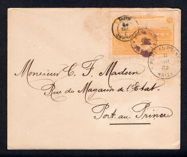 HAITI - 1922 - POSTAL FISCAL: Cover franked with single 1922 5c on 10G yellow 'Droit de Transmission' REVENUE issue with circular overprint (Dalsimer #113) tied by JACMEL cds dated 7 JUIL 1922. Addressed to PORT-AU-PRINCE with arrival cds dated 8 JUL 1922 tying stamp on front with additional strike on reverse. A rare cover, one of four recorded postal uses of this revenue issue.  (HAI/23599)