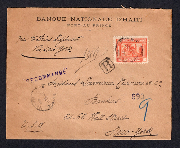 HAITI - 1909 - REGISTRATION: Registered cover franked with single 1906 10c orange (SG 145) tied by PORT-AU-PRINCE cds with small boxed 'R' marking and straight line 'RECOMMANDEE' alongside. Addressed to USA and endorsed in manuscript 'Per S Prince Sigismund'. Arrival marks on reverse.  (HAI/24235)