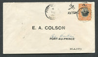 HAITI - 1925 - FIRST FLIGHT: Cover franked with 1924 50c black & orange (SG 302) tied by PORT-AU-PRINCE cds dated 4 DEC 1925 with second strike alongside and small 'AVION' cachet in black. Addressed to CAP HAITIEN with arrival cds on reverse. This cover was flown by the US Marine Corps on the resumption of the regular airmail service. (See Haiti's First Flights Page 7)  (HAI/26777)