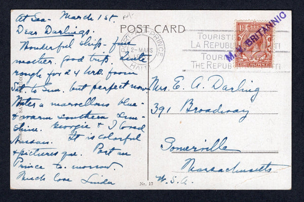 HAITI - 1932 - MARITIME MAIL: Colour PPC 'Trimming Sponges - Nassau Bahamas' franked on message side with Great Britain 1924 1½d red brown GV issue (SG 420) tied by PORT AU PRINCE machine cancel dated 2 MAR 1932 and by fine strike of straight line 'M.V. BRITANNIC' ship marking in purple. Addressed to USA.  (HAI/26780)