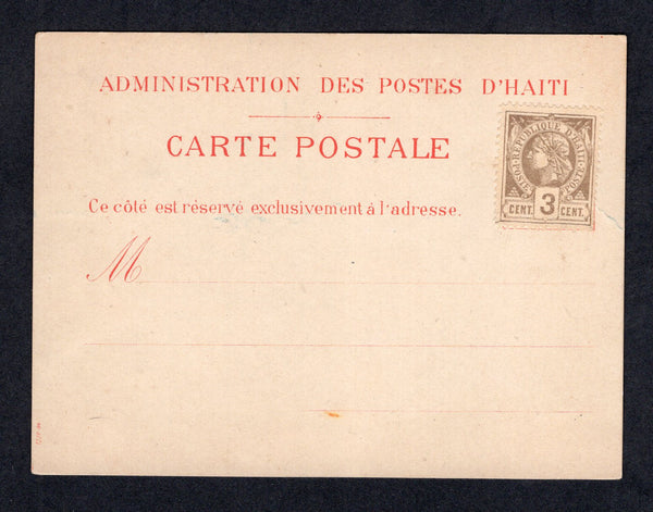 HAITI - 1881 - POSTAL STATIONERY: Red on white postal stationery formular card (H&G 7) unused with 1882 3c grey olive on buff 'Liberty Head' issue (SG 12) applied at top right.  (HAI/28529)