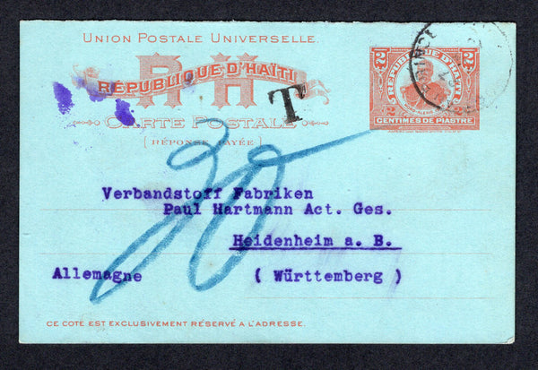HAITI - 1925 - POSTAL STATIONERY: 2c + 2c vermilion on blue 'Nord Alexis' postal stationery card (H&G 16) the response half only illegally used after the cards were demonetised with PORT AU PRINCE cds dated 27 JAN 1925 and taxed with small 'T' marking and manuscript '20' in blue crayon. Addressed to GERMANY with firms arrival mark on reverse.  (HAI/28532)