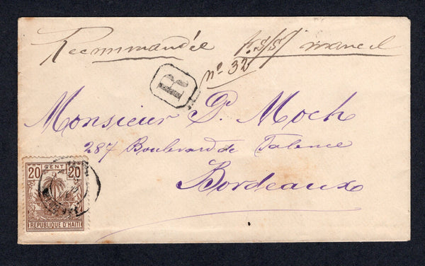 HAITI - 1896 - REGISTRATION: Registered cover franked with single 1893 20c brown 'Drooping Palms' issue (SG 40) tied by somewhat unclear JACMEL cds with small boxed 'R' registration marking alongside with 'No. 32' in manuscript. Endorsed 'Pr S/S/ Mancil' also in manuscript. Addressed to FRANCE with PORT AU PRINCE transit cds and French arrival cds on reverse.  (HAI/28535)