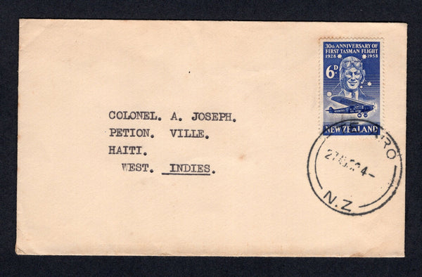 HAITI - Circa 1958 - INCOMING MAIL & DESTINATION: Incoming cover from New Zealand franked with 1958 6d deep ultramarine (SG 766) tied by TE ARO cds. Addressed to 'Colonel. A. Joseph. Petion. Ville. Haiti. West. Indies.' with PETION VILLE arrival cds in blue on reverse.  (HAI/28546)