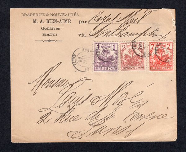 HAITI - 1896 - PALMS ISSUE: Printed 'Draperies & Nouveautes. M.A.Bien-Aime Gonaives Haiti' cover franked with 1893 1c purple & 7c scarlet and 1896 2c indian red 'Drooping Palms' issue (SG 35, 39 & 42) tied by PORT-AU-PRINCE cds's dated 9 NOV 1896. Addressed to FRANCE. A very attractive three colour franking.  (HAI/30238)