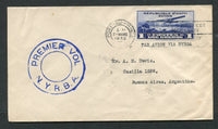 HAITI - 1930 - FIRST FLIGHT: Cover franked with 1929 1g bright blue AIR issue (SG 309) tied by PORT AU PRINCE cancel dated 7 MAR 1930 with large circular 'PREMIER VOL N.Y.R.B.A.' cachet in blue on front. Flown on the Port-au-Prince - Buenos Aires, Argentina flight by pilot W S Grooch on the airplane 'Atlantique'. Addressed to ARGENTINA with arrival cds's on reverse. A scarce flight, only 100 covers were carried. (Muller #50)  (HAI/30411)