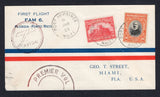 HAITI - 1929 - FIRST FLIGHT: Printed 'FIRST FLIGHT FAM 6 FLORIDA - PORTO RICO' airmail cover franked with 1924 10c carmine & 50c black & orange (SG 300 & 302) tied by PORT-AU-PRINCE cds's dated 9 JAN 1929 with circular 'AVION' airplane cachet and large semi-circular 'PREMIER VOL' cachet both in red on front. Flown on the Port-au-Prince - Miami PAA flight by pilot Basil Rowe. Addressed to USA with arrival cds on reverse. (Muller #19, 3049 covers carried)  (HAI/30414)
