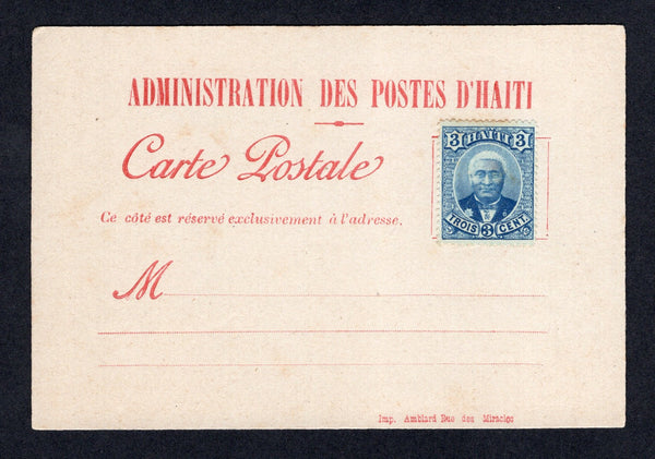 HAITI - 1881 - POSTAL STATIONERY: Red on white postal stationery formular card (H&G 12) unused with 1887 3c blue 'Salomon' issue (SG 26) applied at top right.  (HAI/31965)