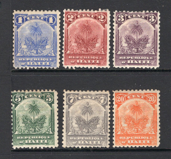 HAITI - 1898 - SMALL PALMS ISSUE: 'Small Palms' complete set of six with the UNISSUED 1c blue, 3c purple, 7c grey and 20c orange and the issued 2c carmine red and 5c green. All fine mint. (SG 49/50 & unlisted)  (HAI/33354)