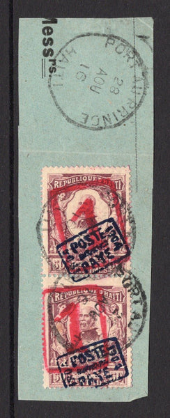 HAITI - 1915 - PROVISIONAL ISSUE: 1c on 50c plum 'Inland' PROVISIONAL overprint issue, with overprint in red, a fine pair used on piece tied by two strikes of PORT AU PRINCE cds dated 28 AUG 1916 with third fine strike alongside. A rare genuine use of this stamp (SG 234a)  (HAI/33976)