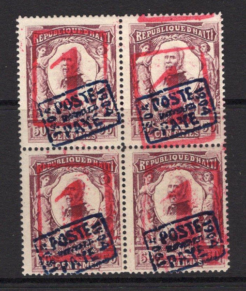 HAITI - 1915 - PROVISIONAL ISSUE: 1c on 50c plum 'Inland' PROVISIONAL overprint issue, with overprint in red, a fine mint block of four. An exceptionally rare multiple. (SG 234a)  (HAI/33977)