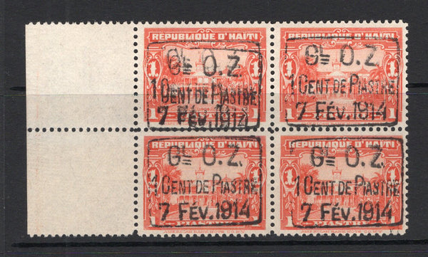 HAITI - 1914 - MULTIPLE & VARIETY: 1c on 50c red 'Pictorial' issue with 'GL O. Z. 7 FEV 1914' overprint, a fine mint side marginal block of four with variety OVERPRINT DOUBLE on top left hand stamp. (SG 215 variety)  (HAI/33981)