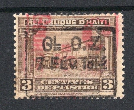 HAITI - 1919 - VARIETY: 3c on 3c sepia 'Inland' PROVISIONAL issue (opt in red) with 'GL O. Z. 7 FEV 1914' provisional overprint, a fine mint copy with variety OVERPRINT INVERTED. (SG 267 variety)  (HAI/34030)