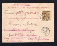 HAITI - 1887 - POSTAL STATIONERY & LIBERTY HEAD ISSUE: Red on white postal stationery formular card (H&G 7) used with added 1882 3c grey bistre on buff 'Liberty Head' issue (SG 12) tied by PORT-AU-PRINCE cds dated 15 FEB 1887 with second strike alongside. Addressed to FRANCE with transit & arrival marks on front & reverse. Light water stain at right but otherwise a very scarce item in used condition.  (HAI/34128)