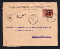 HAITI - 1916 - REGISTRATION & PROVISIONAL ISSUE: Registered 'Bank' cover franked with single 1914 10c red brown with 'GL O.Z. 7 FEV 1914' overprint (SG 202) tied by PORT-AU-PRINCE cds dated 7 JAN 1916 with second fine strike alongside and small boxed 'R' marking. Addressed to FRANCE with arrival cds on reverse.  (HAI/34372)