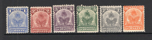HAITI - 1898 - SMALL PALMS ISSUE: 'Small Palms' complete set of six with the UNISSUED 1c blue, 3c purple, 7c grey and 20c orange and the issued 2c carmine red and 5c green. All fine mint. (SG 49/50 & unlisted)  (HAI/35730)