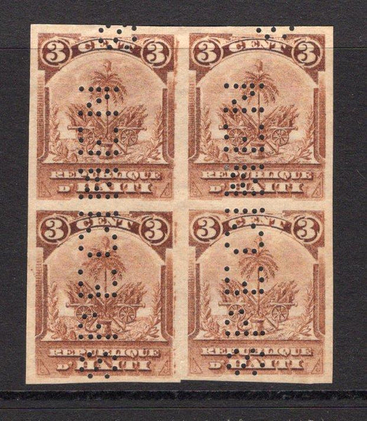 HAITI - 1898 - SPECIMEN & MULTIPLE: 3c lake brown 'Small Palms' UNISSUED type COLOUR TRIAL in unissued colour (the 3c was printed in purple). A fine IMPERF bloc of four perforated 'SPECIMEN' reading up across each vertical pair. Very scarce. (SG Unlisted)  (HAI/35739)