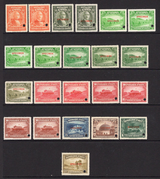 HAITI - 1933 - SPECIMENS: 'Pictorial' DEFINITIVE issue the set of thirteen, each stamp overprinted 'SPECIMEN' with small hole punch including 2 x 3c orange, 2 x 3c grey olive, 8 x 5c green in varying shades and 6 x 10c carmine in varying shades showing the different printings of each stamp with a different type of 'SPECIMEN' overprint, twenty two stamps in total. Very fine. Ex ABNCo. Archive. (SG 312/324)  (HAI/35786)