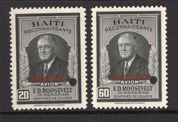 HAITI - 1946 - SPECIMENS: 'Roosevelt Memorial' issue the pair overprinted 'SPECIMEN' with small hole punch. Very fine. Ex ABNCo. Archive. (SG 398/399)  (HAI/35795)