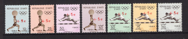 HAITI - 1965 - VARIETY: 'Olympic Games' second SURCHARGE issue, the set of seven with variety OVERPRINT IN RED, fine mint. (SG 915/921 variety)  (HAI/35800)