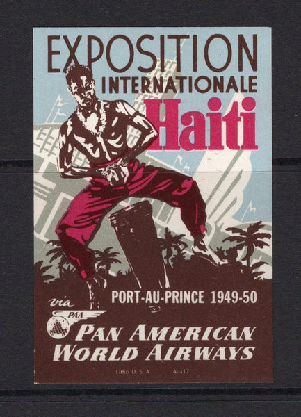 HAITI - 1949 - CINDERELLA: Large multi-coloured 'EXPOSITION INTERNATIONALE HAITI' cinderella label depicting a Haitian man with hands bound and a drum also inscribed 'Port-au-Prince 1949-50 via PAA Pan American World Airways'. Imperf, fine mint.  (HAI/35816)