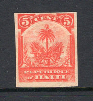 HAITI - 1898 - COLOUR TRIAL: 5c bright vermilion 'Small Palms' issue a fine IMPERF COLOUR TRIAL on thin buff paper, the issued stamp was printed in green. (As SG 50)  (HAI/35820)