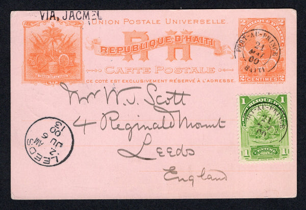 HAITI - 1900 - POSTAL STATIONERY: 2c orange on pink 'Simon Sam' postal stationery card (H&G 2) used added 1899 1c yellow green 'Arms' issue (SG 67) tied by PORT-AU-PRINCE cds's dated 21 MAY 1900. Addressed to UK with arrival cds on front.  (HAI/35826)