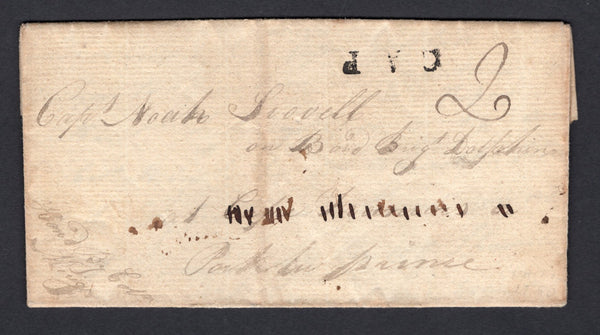 Complete folded letter datelined 'Middletown March 26th 1787' with manuscript 'Forwarded by your Captain, Cape 29 April 1787' with fine strike of large 'CAP' marking in black (Jamet #10) and rated '2' in manuscript. Addressed to 'Capt Noah Scovell on board Brig Dolphin at Cape Francois or Port au Prince' with the 'Cape Francois' section neatly crossed out with manuscript pen strokes. The cover also has a manuscript notation 'Hand by Cpt Mings' in lower left corner. 