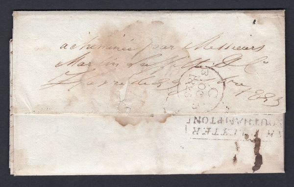 folded letter datelined 'Port au Prince, 9 August 1825' sent to UK with boxed 'SHIP LETTER SOUTHAMPTON' marking, rated 4/3 and sent on the ship 'Simon'. There is also a manuscript 'Forwarded by Martin Laffette & Co. Le Havre' notation on the reverse (in French). Due to a Cholera outbreak on Haiti the cover was disinfected with Vinegar and disinfection slits at the Motherbank Quarantine station just off the Isle of Wight before being sent to 'F Huth & Co.' in LONDON with an arrival cds on reverse.