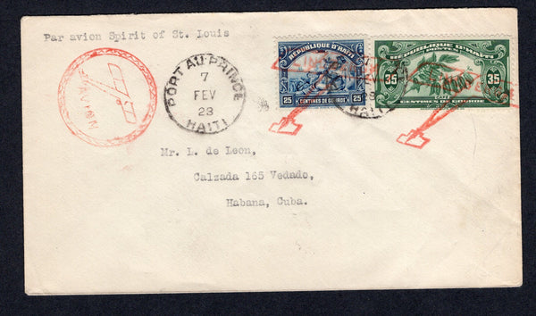 HAITI - 1928 - FIRST FLIGHT: Cover with typed 'Par avion Spirit of St. Louis' at top franked with 1920 25c blue and 1928 35c green (SG 298 & 304) tied by PORT-AU-PRINCE cds's dated 7 FEV 1928 and also by two strikes of red 'LINDBERGH' aeroplane cachet with circular red 'AVION' Airplane cachet in red alongside. Flown on the 'Spirit of St Louis' by Lindberg from Port-au-Prince to Havana, Cuba. Addressed to CUBA with arrival marks on reverse. (Muller #14)  (HAI/35848)