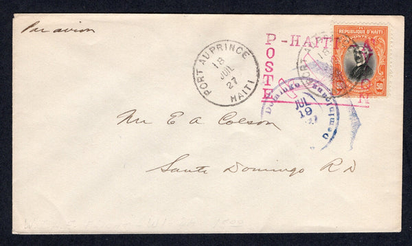 HAITI - 1927 - FIRST FLIGHT: Cover franked with 1924 50c black & orange (SG 302) tied by PORT-AU-PRINCE cds dated 18 JUL 1927 with second strike alongside and also by square 'HAITI POSTE AVION' airplane cachet in red. Flown on the Port-au-Prince - Santo Domingo, Dominican Republic first flight by West Indian Aerial Express piloted by Max Morin. Addressed to SANTO DOMINGO with arrival cds's on front & reverse. (Muller #9a, 473 covers were flown)  (HAI/35850)