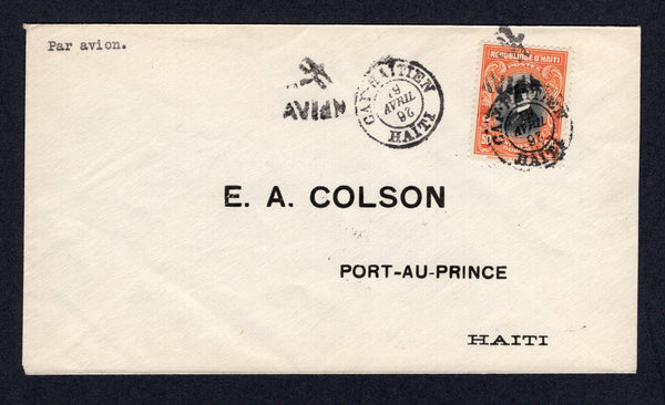 HAITI - 1926 - FIRST FLIGHT: Cover franked with 1924 50c black & orange (SG 302) tied by CAP HAITIEN cds dated 19 APR 1926 with second strike alongside and also by two strikes of the 'AVION' airplane cachet in black. Flown on the Cap Haitien - Port-au-Prince first flight by the U.S Marine corp. Addressed to PORT AU PRINCE with arrival cds on reverse. (Muller #Unlisted, but listed in Haiti's First Flights by B Levine)  (HAI/35851)