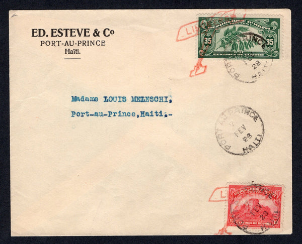HAITI - 1928 - FIRST FLIGHT: Cover franked with 1924 10c carmine and 1928 35c green (SG 300 & 304) tied by PORT-AU-PRINCE cds's dated 7 FEV 1928 and also by two strikes of red 'LINDBERGH' aeroplane cachet. Flown on the 'Spirit of St Louis' by Lindberg from Port-au-Prince to Havana, Cuba. Addressed to PORT AU PRINCE. (Muller #14)  (HAI/35857)