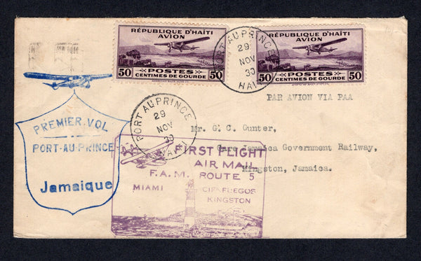 HAITI - 1930 - FIRST FLIGHT: Cover franked with pair 1929 50c violet AIR issue (SG 307) tied by PORT-AU-PRINCE cds's dated 29 NOV 1930. Flown on the FAM-5 Port-au-Prince - Jamaica first flight by PAA with various flight cachets on front & reverse. Addressed to JAMAICA with KINGSTON arrival cds on reverse. Signed and dated 'Pilot E. G. Schultz Commodore 668 M 3/12/30' on reverse. A very rare signed flight. (Muller #56, only 98 covers carried)  (HAI/35861)