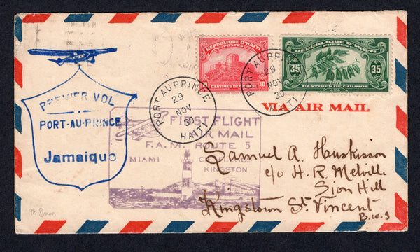 HAITI - 1930 - FIRST FLIGHT: FIRST FLIGHT: Cover franked with 1924 10c carmine and 1928 35c green (SG 300 & 304) tied by PORT-AU-PRINCE cds's dated 29 NOV 1930. Flown on the FAM-5 Port-au-Prince - Jamaica first flight by PAA with various flight cachets on front & reverse. Addressed to JAMAICA with KINGSTON arrival cds on reverse. A rare flight. (Muller #56, only 98 covers carried)  (HAI/35862)