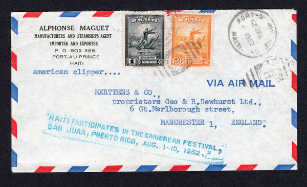 HAITI - 1952 - PUBLICITY CACHET: Airmail cover franked with 1946 50c orange and 1g slate black (SG 411 & 413) tied by PORT AU PRINCE cds's dated 12 JUL 1952 with two line 'HAITI PARTICIPATES IN THE CARIBBEAN FESTIVAL, SAN JUAN, PUERTO RICO, AUG 1-10 1952' publicity cachet on front. Addressed to UK.  (HAI/35863)