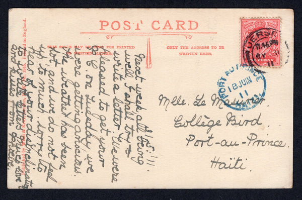 HAITI - 1911 - INCOMING MAIL: Incoming colour PPC 'By the River' sent from UK franked with 1911 1d rose red EVII issue (SG 272) tied by JERSEY cds dated 31 MAY 1911. Addressed to PORT AU PRINCE with fine arrival cds in blue on front.  (HAI/35871)