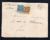 HAITI - 1886 - LIBERTY HEAD ISSUE: Cover with printed 'Le President d'Haiti' at top left franked with 1882 3c olive bistre on buff and 7c deep blue on greyish PERFORATED 'Liberty Head' issue (SG 13 & 17) tied by PORT-AU-PRINCE cds's dated 16 MAR 1886. Addressed to FRANCE with arrival cds on reverse. Cover is somewhat tatty along the edges and has a couple of repairs but scare originating from President Salomon.  (HAI/37404)