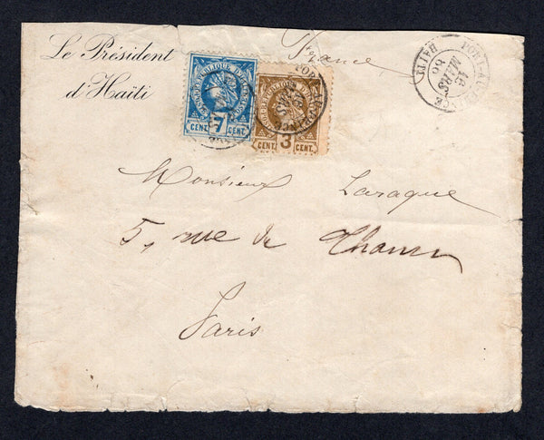 HAITI - 1886 - LIBERTY HEAD ISSUE: Cover with printed 'Le President d'Haiti' at top left franked with 1882 3c olive bistre on buff and 7c deep blue on greyish PERFORATED 'Liberty Head' issue (SG 13 & 17) tied by PORT-AU-PRINCE cds's dated 16 MAR 1886. Addressed to FRANCE with arrival cds on reverse. Cover is somewhat tatty along the edges and has a couple of repairs but scare originating from President Salomon.  (HAI/37404)