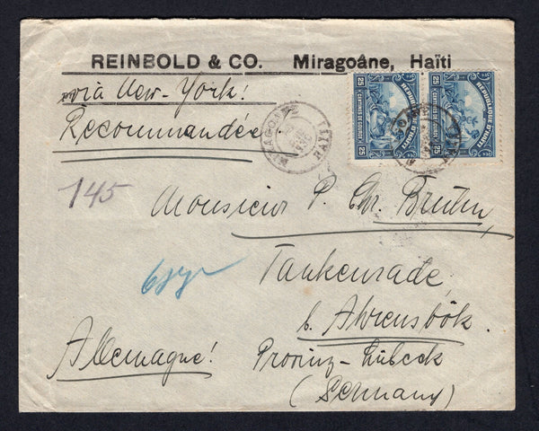 HAITI - 1930 - CANCELLATION: Printed 'Reinbold & Co. Miragoane, Haiti' cover sent registered franked with pair 1920 25c blue (SG 298) tied by MIRAGOANE cds with second strike alongside dated 10 DEC 1930 with manuscript registration numbers on front. Addressed to GERMANY with transit & arrival marks on reverse.  (HAI/39094)