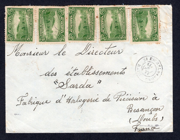 HAITI - 1938 - CANCELLATION: Cover with manuscript return address 'Victor Antoine, Commercant, Saint Michel de L'Attalaye, (en face du monde), Depto Artibonite, Haiti' on reverse franked with 5 x 1933 5c green (SG 314) tied by four light strikes of ST MICHEL DU NORD with a fine strike alongside on the cover with '21 Fev 38' date added in manuscript. Addressed to FRANCE with PORT-AU-PRINE transit cds on reverse. A rare origination.  (HAI/39095)