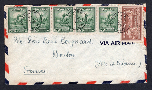 HAITI - 1946 - CANCELLATION: Airmail cover franked with strip of five 1946 25c green and 1944 5c red brown TAX issue (SG 410 & 377) tied by three fine strikes of HINCHE cds dated 29 NOV 1946. Addressed to FRANCE. Small opening faults at right affecting one stamp.  (HAI/39096)