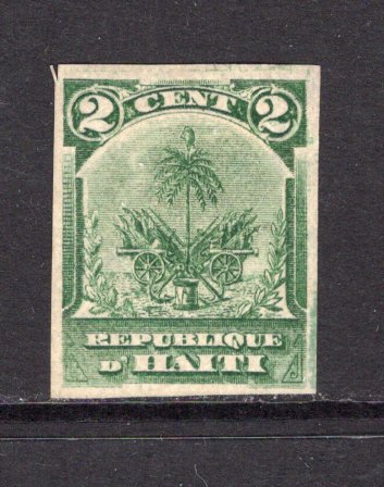 HAITI - 1898 - COLOUR TRIAL: 2c green 'Small Palms' issue, a fine IMPERF COLOUR TRIAL on thin buff paper, the final stamp was printed in carmine red. (As SG 49)  (HAI/39725)