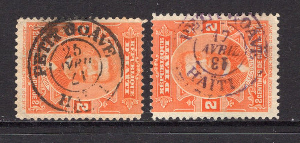HAITI - 1912 - CANCELLATION: 2c orange 'Leconte' issue two copies both with fine central strikes of PETIT GOAVE cds dated 25 AVRIL 1917 and 17 AVRIL 1918 respectively and both with the year slug inverted. (SG 165)  (HAI/39971)