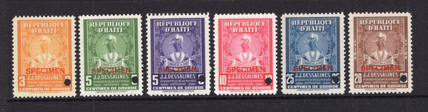 HAITI - 1947 - SPECIMENS: '141st Death Anniversary of Emperor Jean-Jacques Dessalines' issue the set of six overprinted 'SPECIMEN' with small hole punch. Very fine. Ex ABNCo. Archive. (SG 417/422)  (HAI/40329)