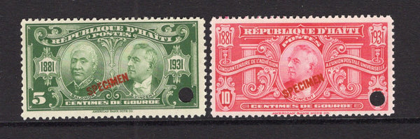 HAITI - 1931 - SPECIMENS: '50th Anniversary of Membership of the UPU' issue the pair overprinted 'SPECIMEN' with small hole punch. Very fine. Ex ABNCo. Archive. (SG 310/311)  (HAI/40330)